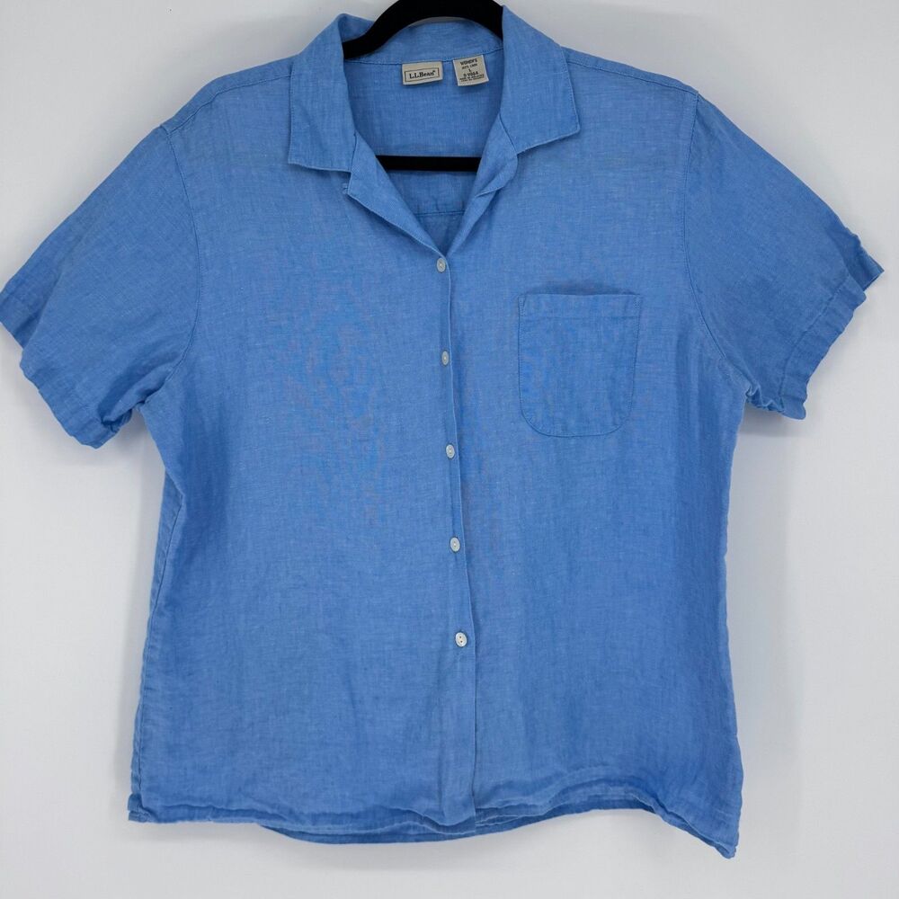 L.L.Bean Linen Shirt Womens Large Blue Short Sleeve Button Up Coastal